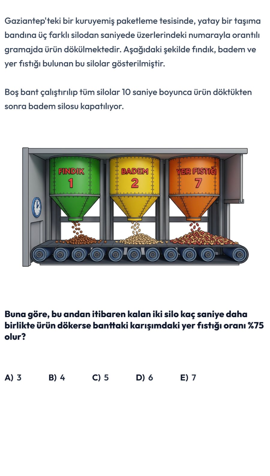 SoruYaz ile üretilmiş örnek soru: Gaziantep'te bir kuruyemiş paketleme tesisinde taşıma bandına üç silodan dökülen ürünlerin oranını soran bağlam temelli matematik sorusu.